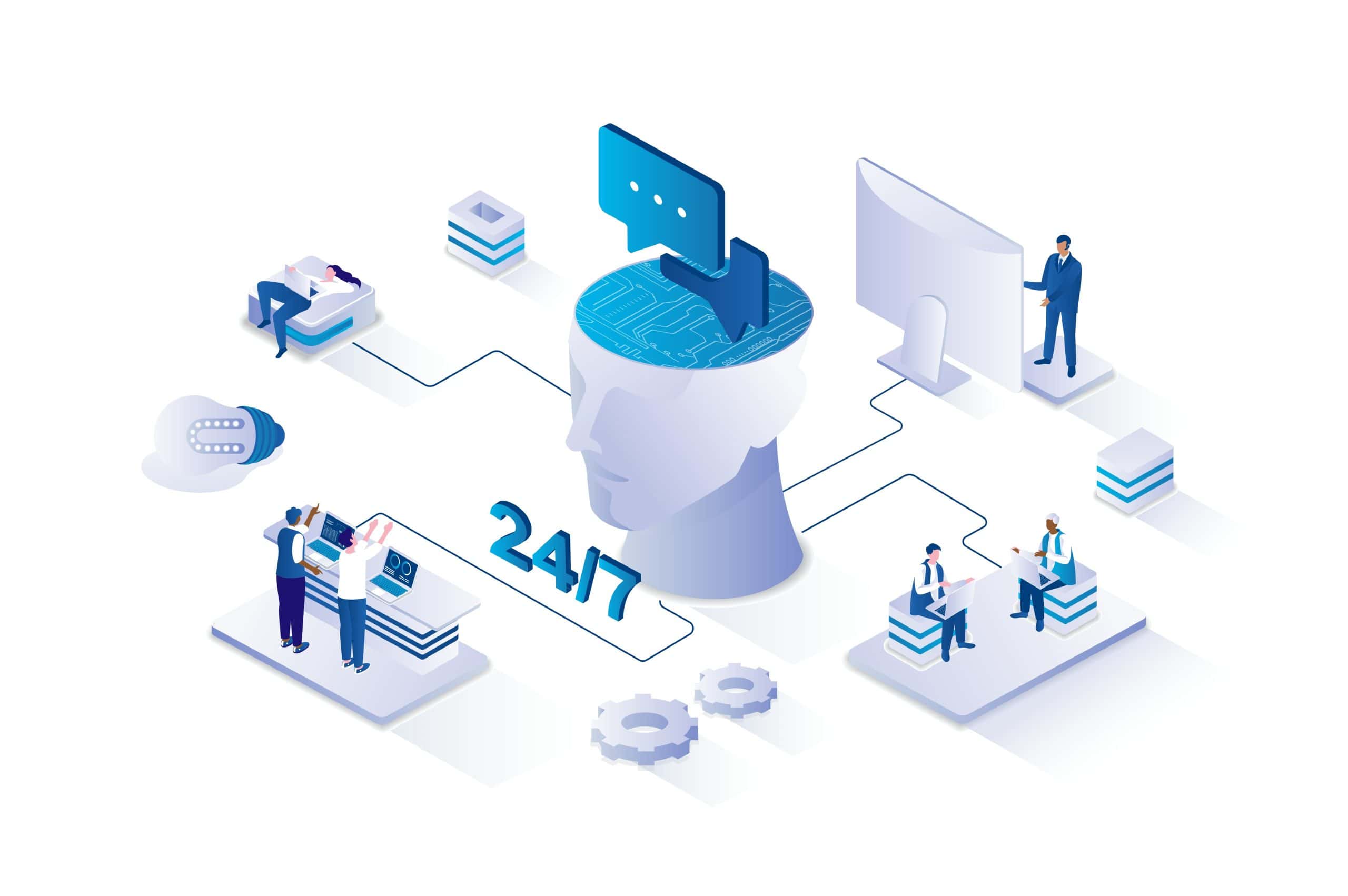 AI customer service automation concept with digital assistant responding to users across connected support systems