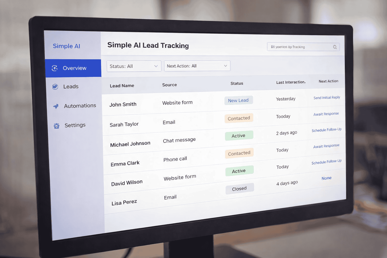 simple ai lead tracking system dashboard showing lead status updates without crm
