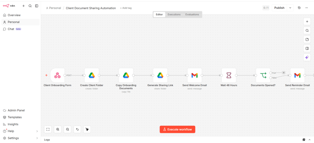 n8n workflow for automating client document sharing and onboarding access
