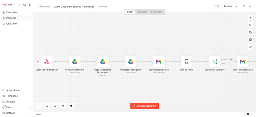 n8n workflow for automating client document sharing and onboarding access